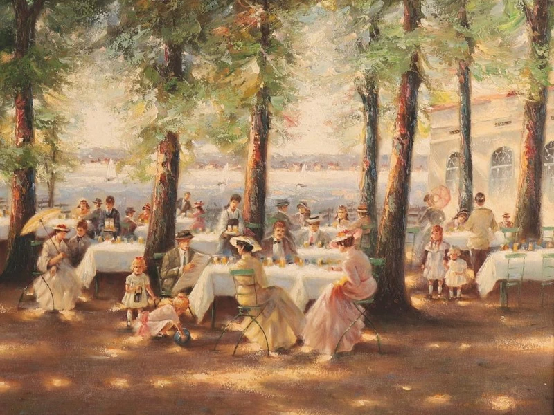 1825-Ludwig Burger - Ristorante sotto gli alberi in riva all'acqua